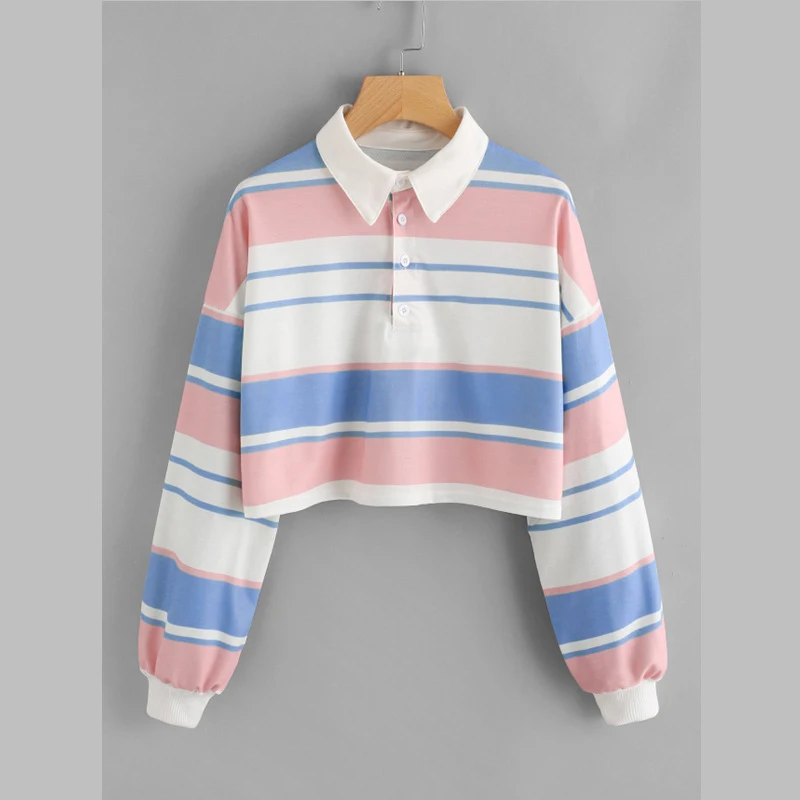 Rainbow Striped Polo Long Sleeve Women T Shirt Autumn Casual Crop Top School Korean Fashion Harajuku Pulovers Oversized Clothing