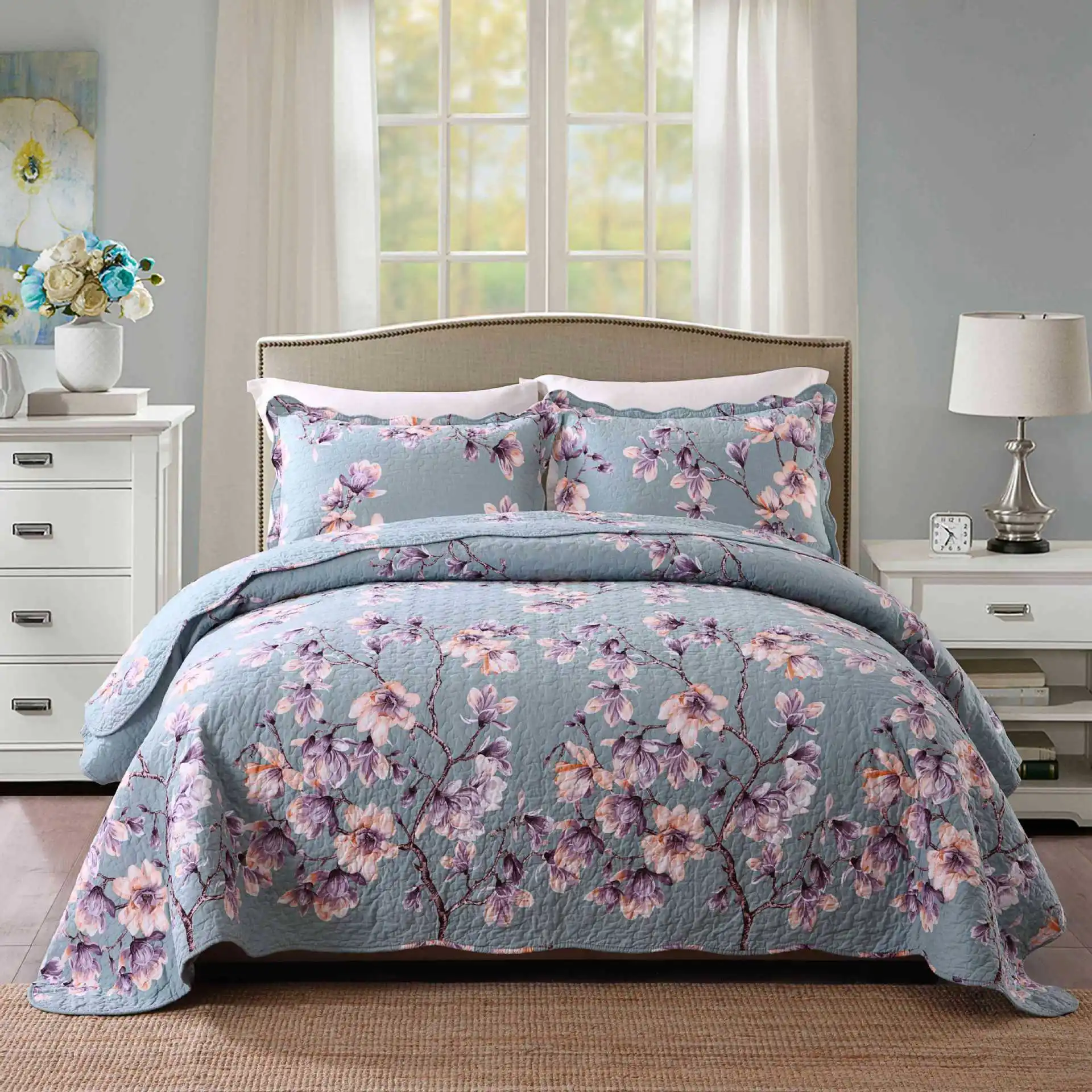 Cotton Bedcover Pillowcover 3pc Sets KingSize 230x250cm Twill Quilts Quilting Quality Blue Embroidery Flower Bedspread coverlets