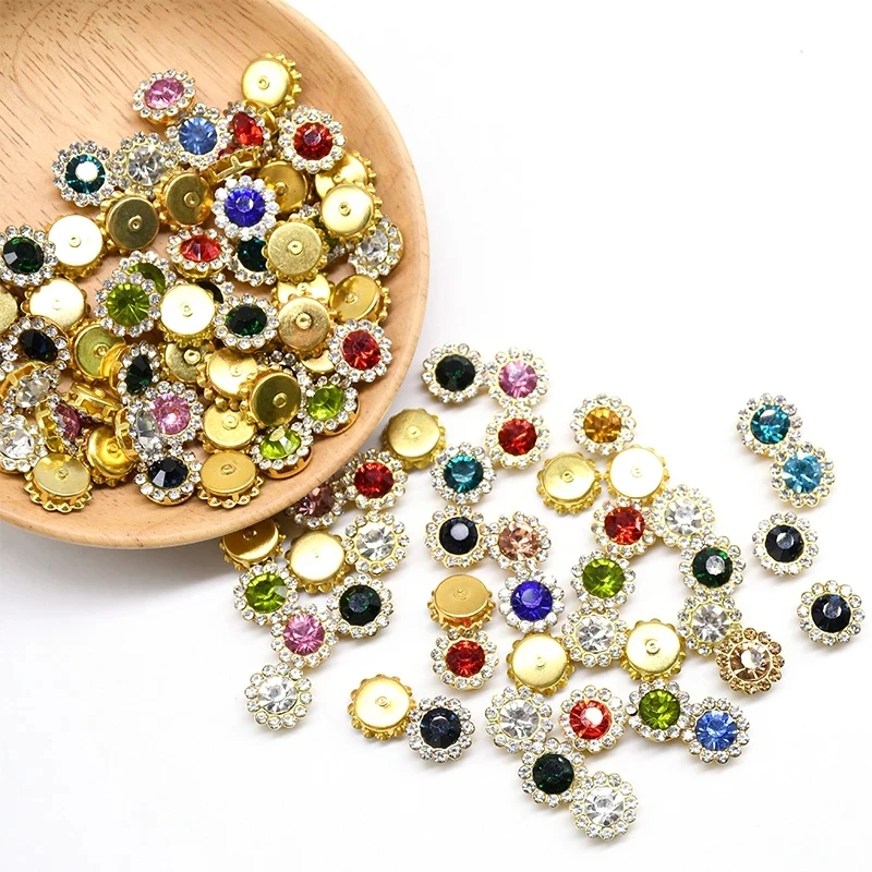 10mm Claw Cup Glass Rhinestone Strass Shiny Crystals Stones Trim Gold Base Sew on Rhinestones For Clothes DIY Sewing Accessories