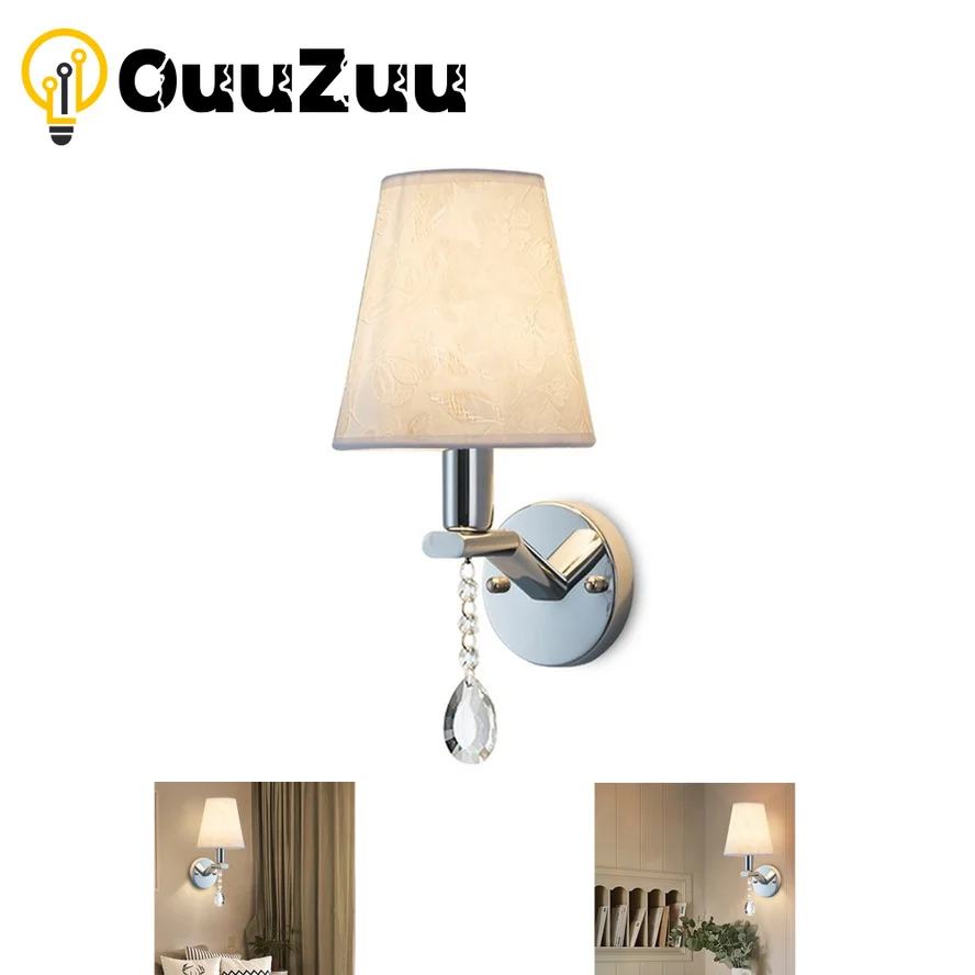 OuuZuu E27 Cloth Hotel Bedside Wall Lamp Silver Pattern Electroplated Iron Wall Light Base Crystal Pendant Home Decoration Lamp