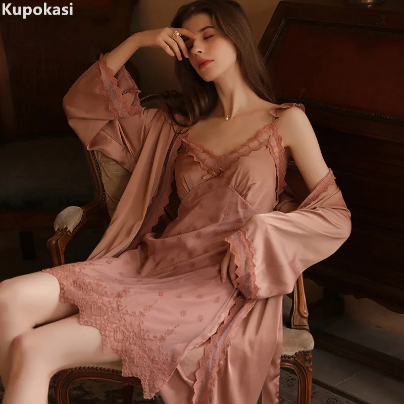 

Kupokasi Women Sexy Pajamas Robe Gown Set Faux Silk Nightgowns Nightwear Pijamas set Nightdress Sleepwear pjs Tops