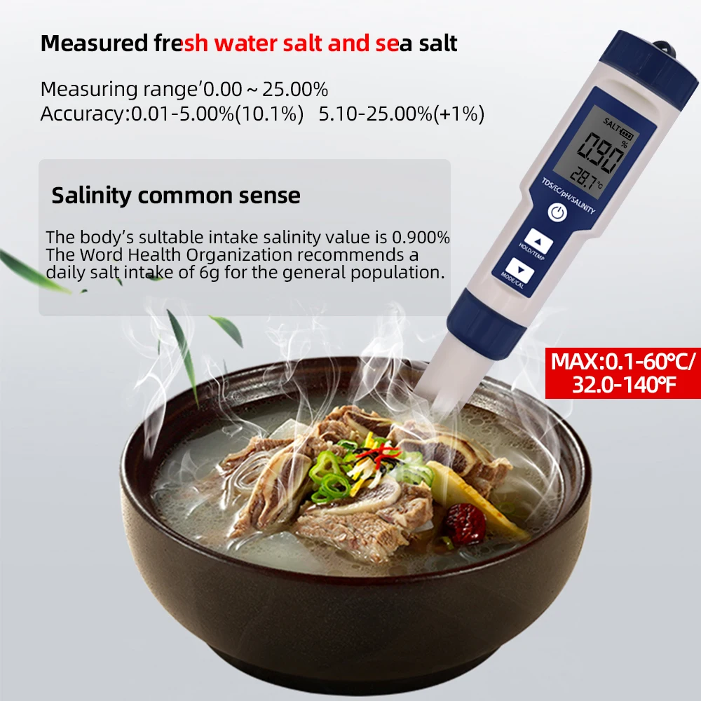 5-in-1-PH-Messgerät, Wasserqualitätstester, digitales TDS EC PH-Salzgehalt-Temperaturmessgerät für Pools, Aquarien, Wasser mit Hintergrundbeleuchtung – Detail 10