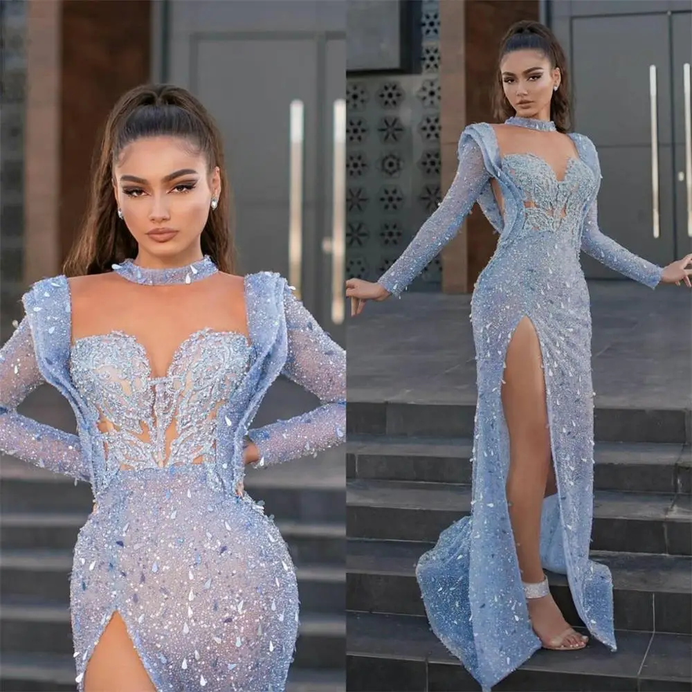 Sky Blue Side Split Prom Dresses Long Sleeves Illusion Sequined Evening Gowns Vestidos Longo Long Sleeve Party Dress