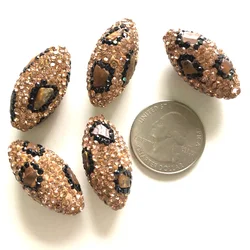 5pcs High Quality 30*14mm Leopard Print Rhinestone Pave Gold-Black Color Clay Disco Bead Crystal Olive Loose Spacer for Bracelet