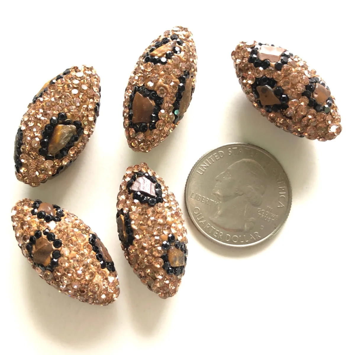 5pcs High Quality 30*14mm Leopard Print Rhinestone Pave Gold-Black Color Clay Disco Bead Crystal Olive Loose Spacer for Bracelet