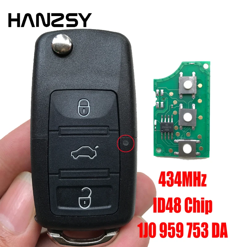 

3 Button Remote Key for VW SKODA Seat PASSAT Polo 1J0959753DA/1J0 959 753 DA 434MHz ID48Chip Car Flip Folding Control key