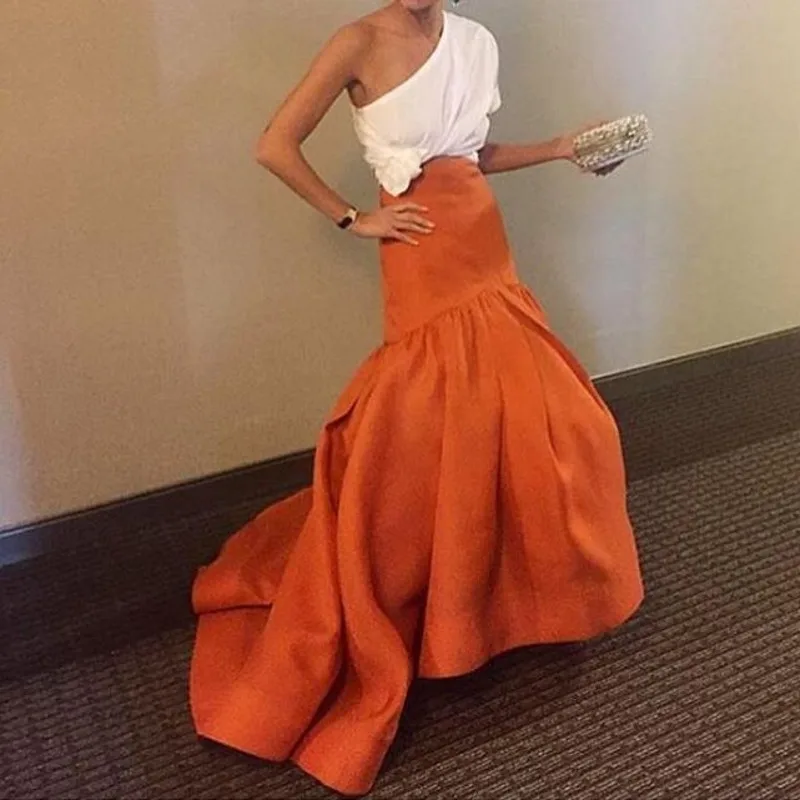 

Orange Mermaid Skirt Long Sweep Train Prom Skirts Women saias mulher Custom Made Maxi Party Night Gown Female Wear