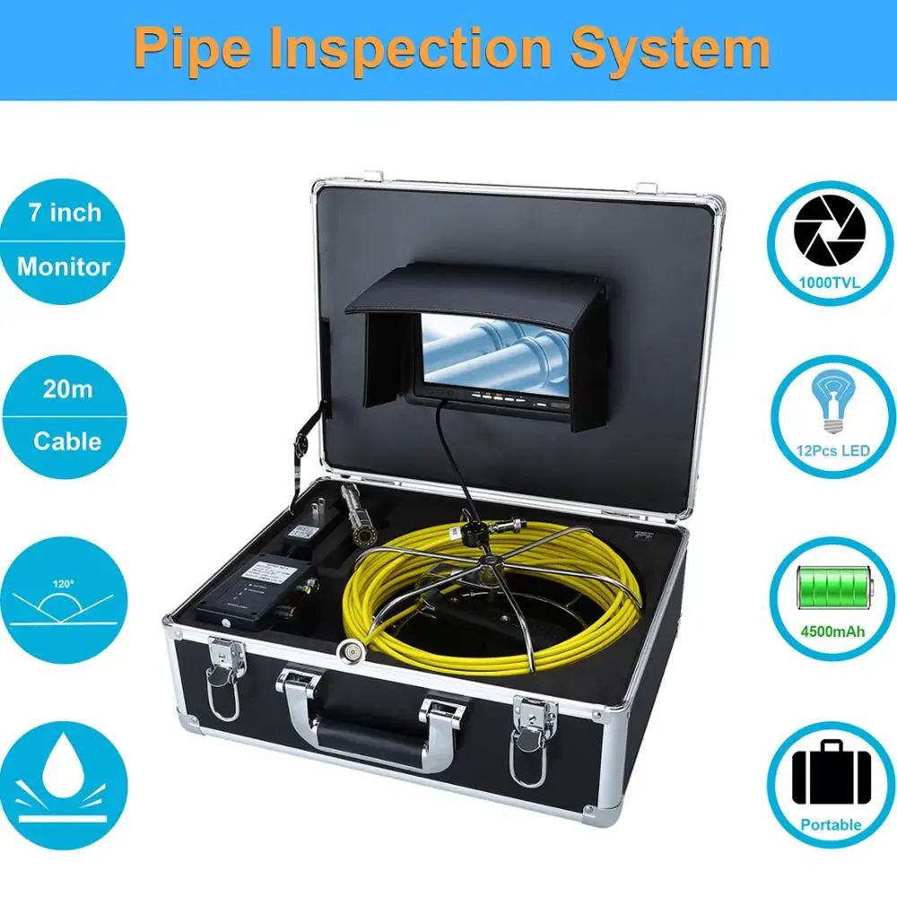 

7" 20m Cable Sewer Waterproof Camera With 12pcs LEDS 23mm Pipe Drain Industrial Endoscope System Used for Pipeline Inspection