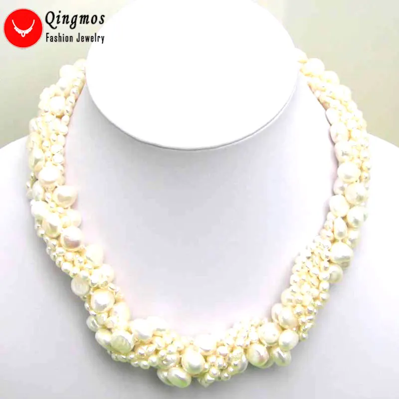 

Qingmos Natural White Pearl Necklace for Women with 4-6mm Baroque Pearl 40" Long Necklace Combination Chokers 18'' Set nec5023