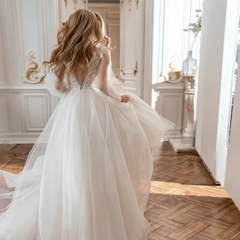 Vestido De Novia elegante De manga larga con cuello en V, apliques De encaje, tul con botones en la espalda, línea A, tren De barrido, 2024