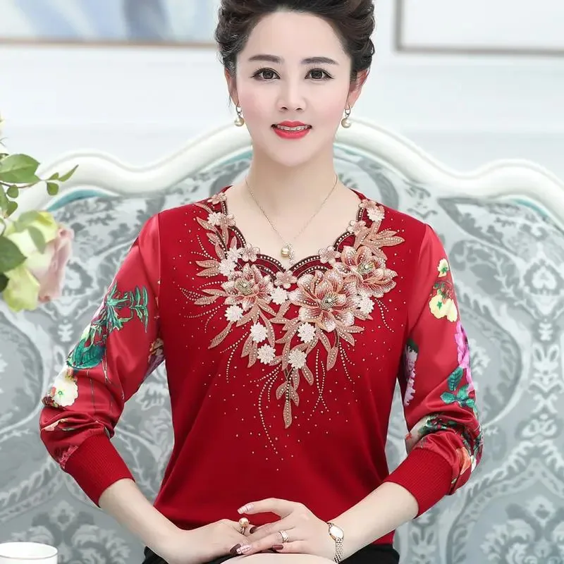 Middle-aged Elderly Women\'s Spring Thin Knitted Tops High Quality Embroidery Pullover Splicing Chiffon Sleeve Mother Jumper 5XL