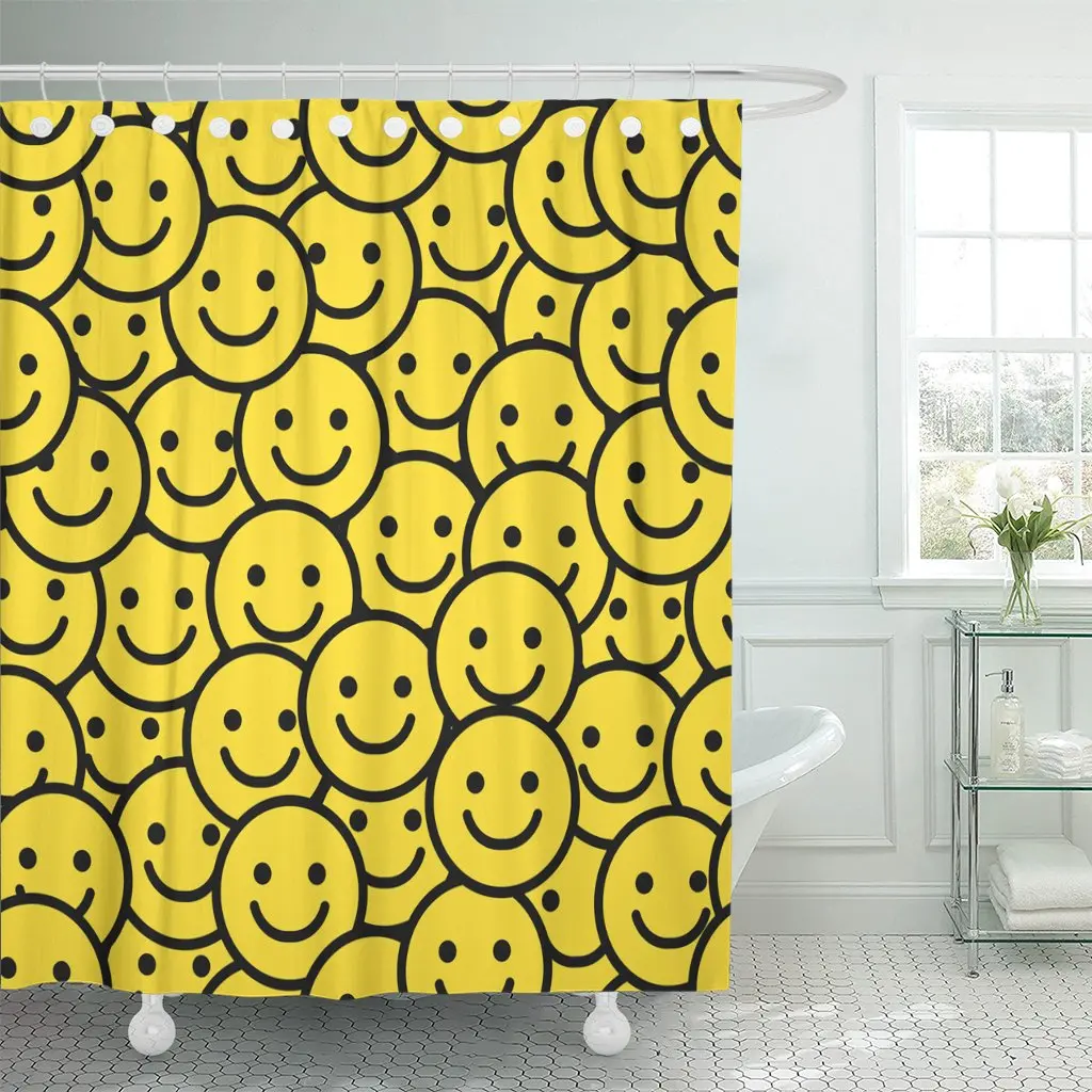 Smiley Yellow Smile Face Happy Mood Funny Fun Shower Curtain Waterproof Polyester Fabric 72 x 72 Inches Set with Hooks