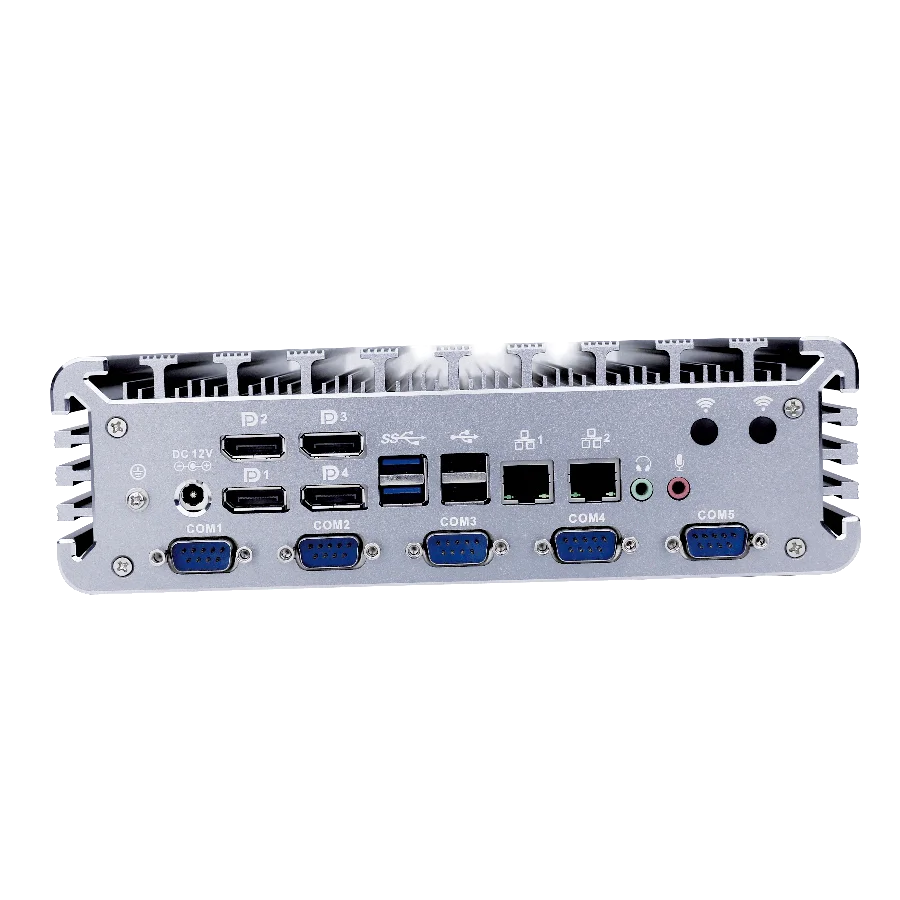 Newest 4*display Fanless Mini PC with 4* DP 6* COM RS485/232 GPIO PS 2* LAN AMD CPU V1605B support 4G SIM Mini Desktop PC win10