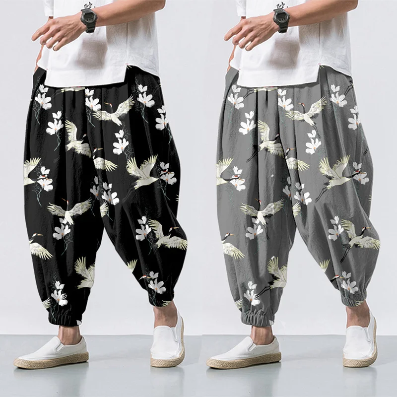 

Men Fashion Crane Print Harem Pants Japanese Harajuku Loose Trousers Kung Fu Bottoms Oriental Zen Tea Casual Bloomers Streetwear