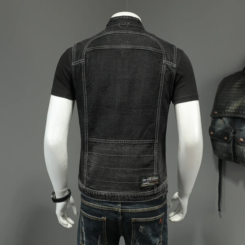 2022 Jean Jacket Men Denim Vest Coats Black Slim Stand-up Collar Zipper Sleeveless Motorcycle Style Waistcoat Coat Cowboy Brand