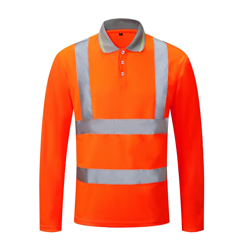 

High Visibility Orange Reflective Shirt With Reflective Tapes Work Clothes Long Sleeve Hi Vis Collar Shirt