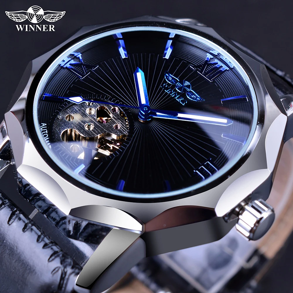 Top Brand Luxury Winner Watch Blue Ocean Geometry Design Transparent Skeleton Dial Mens Watch Automatic Fashion Mechanical Watch