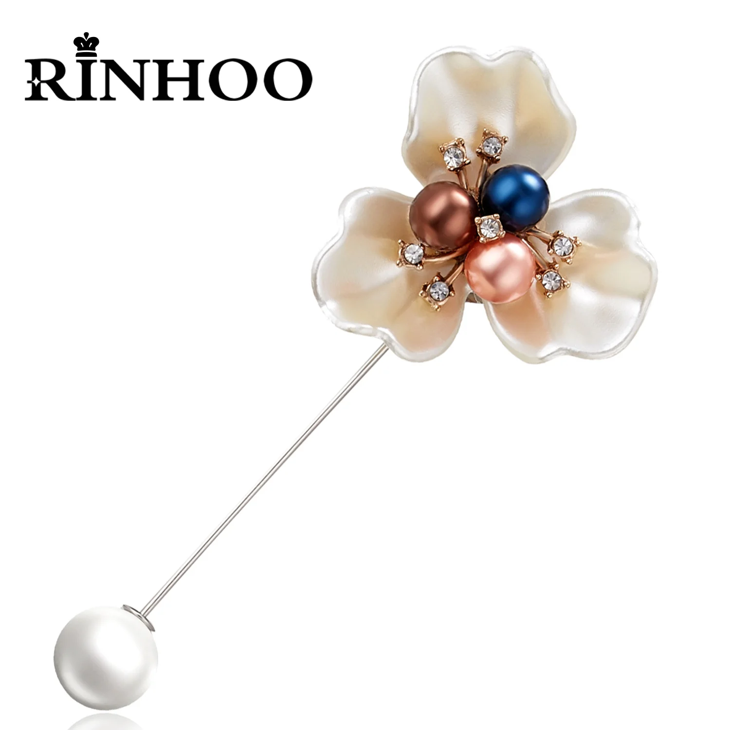 Rinhoo Rhinestone White Imitation Pearls Shell Shape Camellia Brooch Collar Pin Shirt Fashion Badge Flower Petal Wedding Corsage