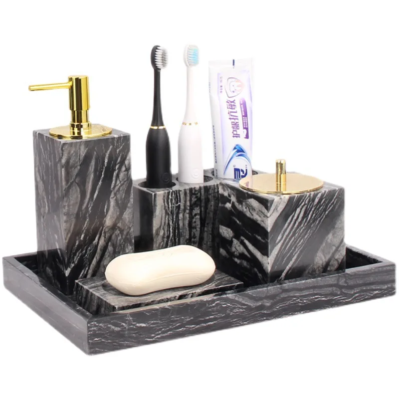 Marble Bathroom Set Light Luxury Black Wood Grain Hotel Toiletries Toothbrush Cup Lotion Bottle Soap Dish Bathroom Accessories