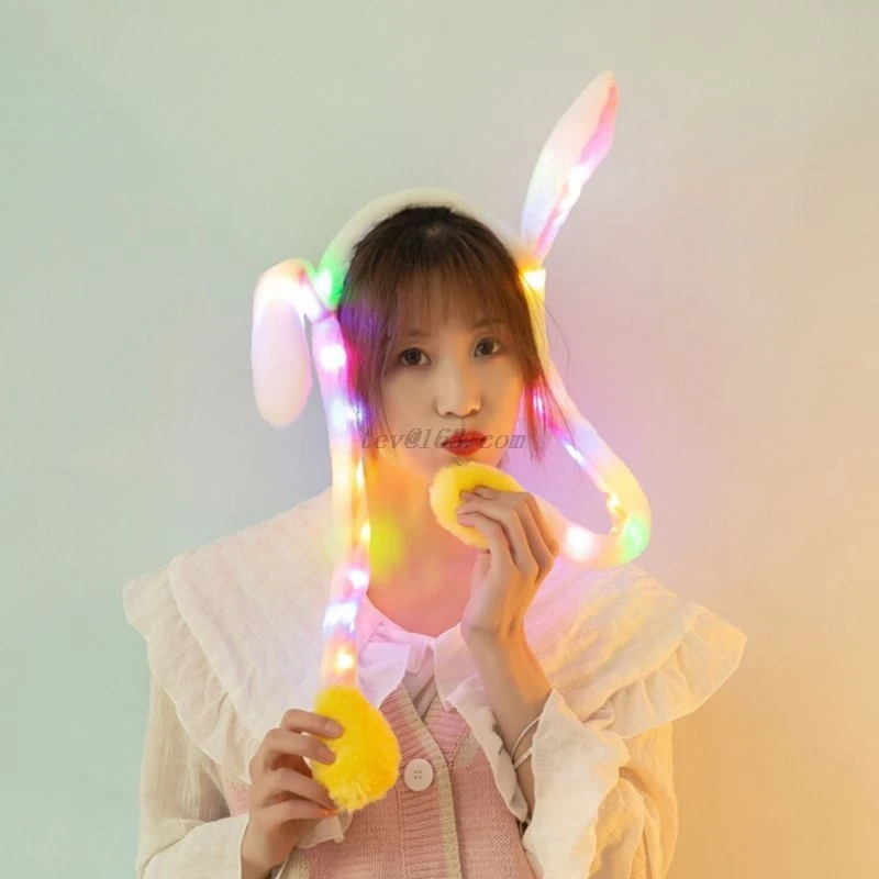 Women Girls Cute LED Light Up Rabbit Headband with Airbag Moving Ears Children Bunny Long Plush Toy Hair Hoop Party Photo Props
