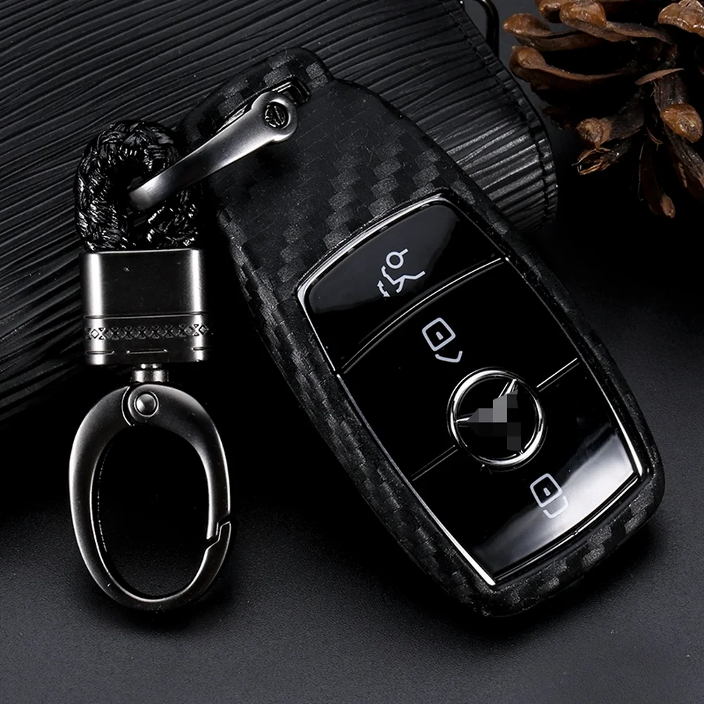 Carbon Fiber Look Silicone Remote Car Key Case Cover Shell Keychain for Mercedes Benz A C E S Class W203 W204 W212 W213 W176