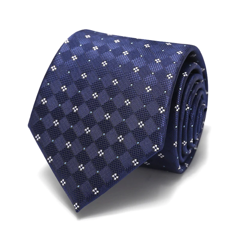 8CM Luxury Plaid Tie For Men Brand Designer Wedding Business Fashion Dress Suit Silk Polyester Navy Blue Necktie With Gift Box