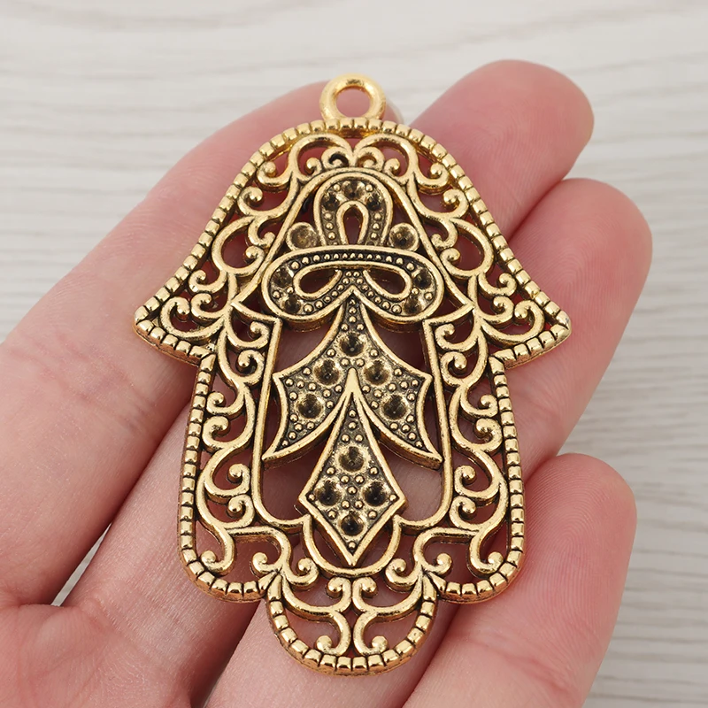 2 x Tibetan Silver/Gold Color Large Hamsa Hand Charms Pendants for DIY Necklace Jewelry Making Findings Accessories 65x45mm