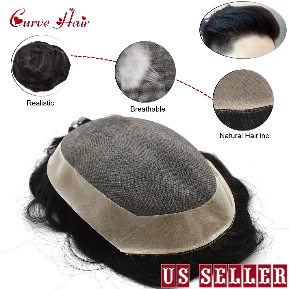 Fine Mono Mens Toupee Poly Coating Around Human Hair Replacement Hairpiece Monofilament Wig