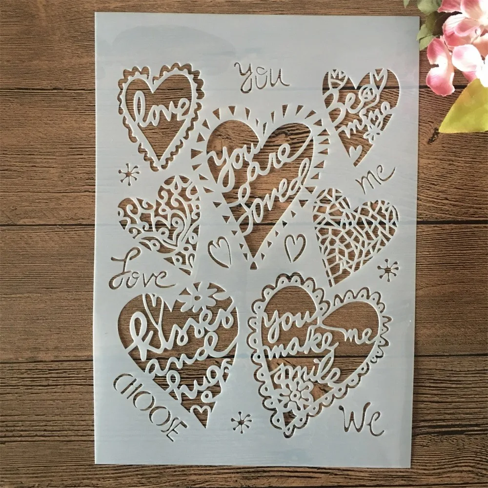 A4 29cm Hollow Heart Love Words DIY Layering Stencils Wall Painting Scrapbook Coloring Embossing Album Decorative Template