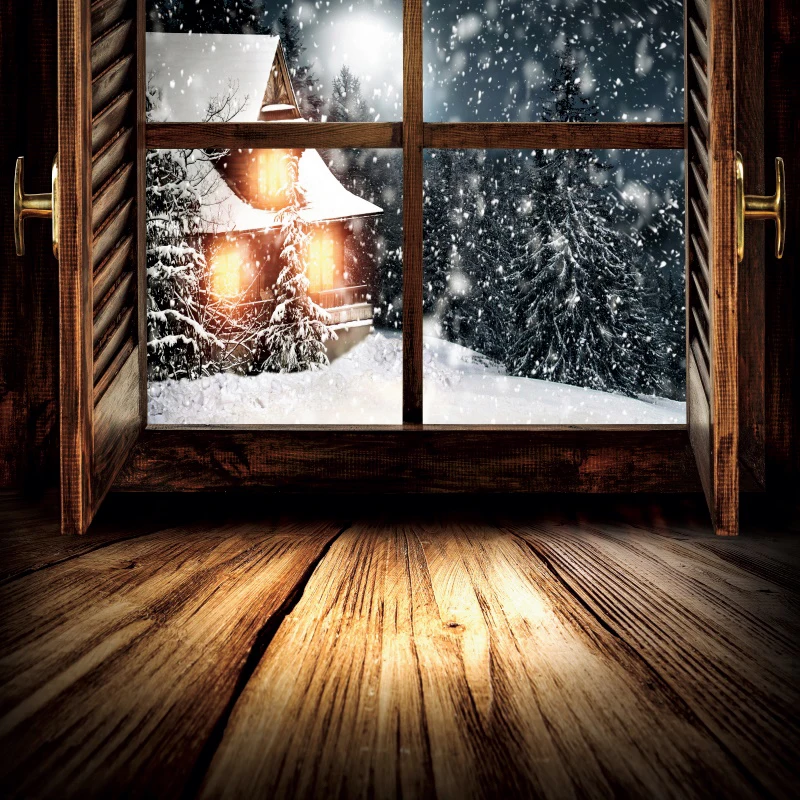 Laeacco Зимний снег Сельский старый с изображением деревянной двери и окна Пол Вечерние Детские сценические фотографии фон для фотостудии