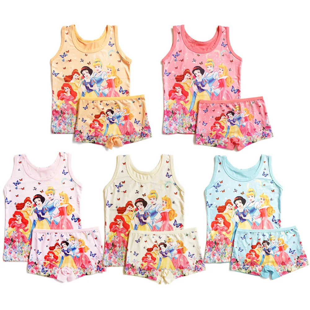 1set Hot Kids Clothing Girls Panties Summer Cartoon Sleeveless T-shirt Children Vest Mermaid Cotton T shirts Panties Briefs set