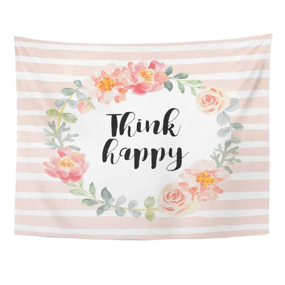 Romantic Wreath with Think Happy Pale Pink Roses and Peonies Gray Leaves on The Striped Tapestry Home Decor Wall Hanging