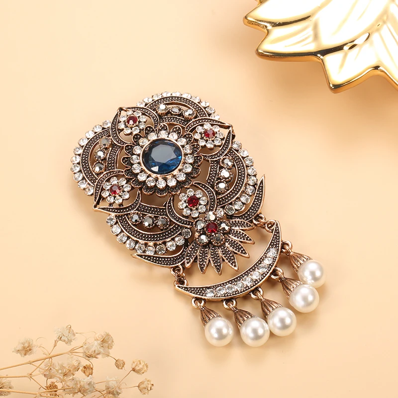 Kinel Ethnic Wedding Flower Bead Brooch Pin Old Gold Color Vintage Indian Jewlery Imitation Pearl Broches Brooches Bridal Gift