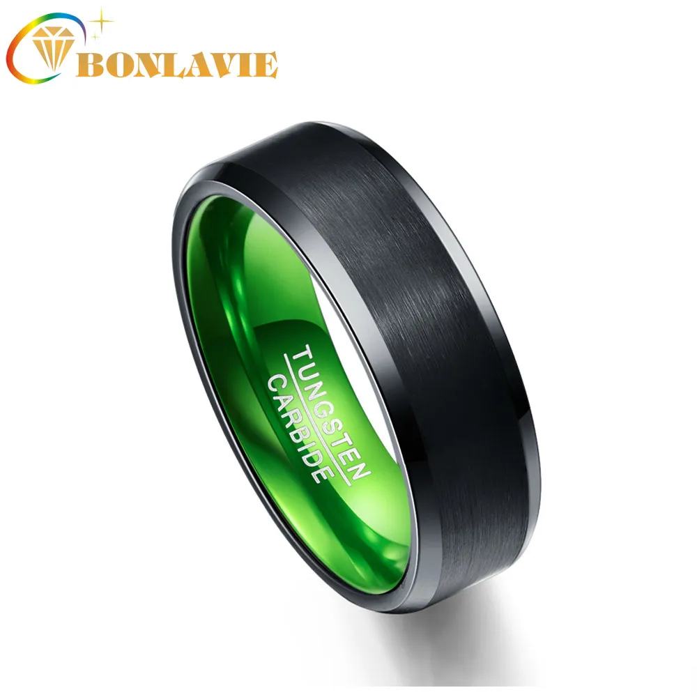 BONLAVIE Top Quality Ring 8MM Wide Black Flat Matte Surface Green Inner Ring Tungsten Steel Ring for Woman Man