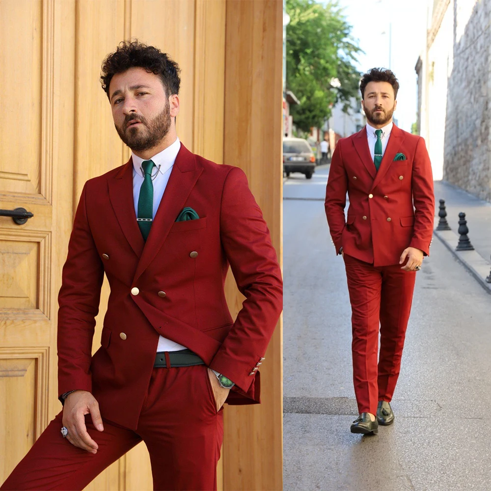 

Double Breasted Red Mens Wedding Suits Winter Peaked Lapel Groom Party Blazer Business Wear Coat(Jacket+Pants)