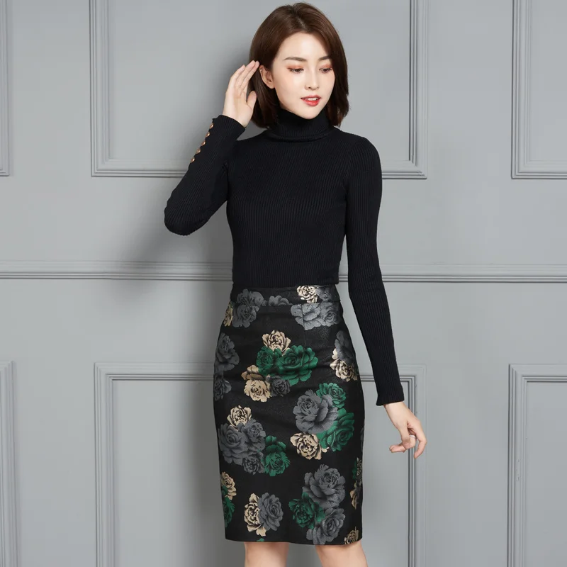 Elegant Women Genuine Leather Wrap Skirts Prints High Waist Sheepskin Knee Length Skirts Luxury Office Lady Zipper Skirts 4XL