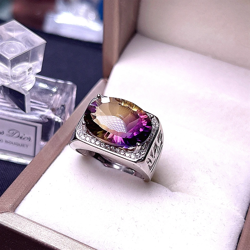 

Newest Man Ring Muscular Character Natural Ametrine Big Size Gemstone Real 925 silver Fine Jewelry Birthday Party Gift