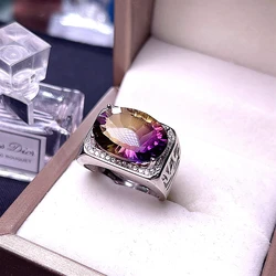 Newest Man Ring Muscular Character Natural Ametrine Big Size Gemstone Real 925 silver Fine Jewelry Birthday Party Gift