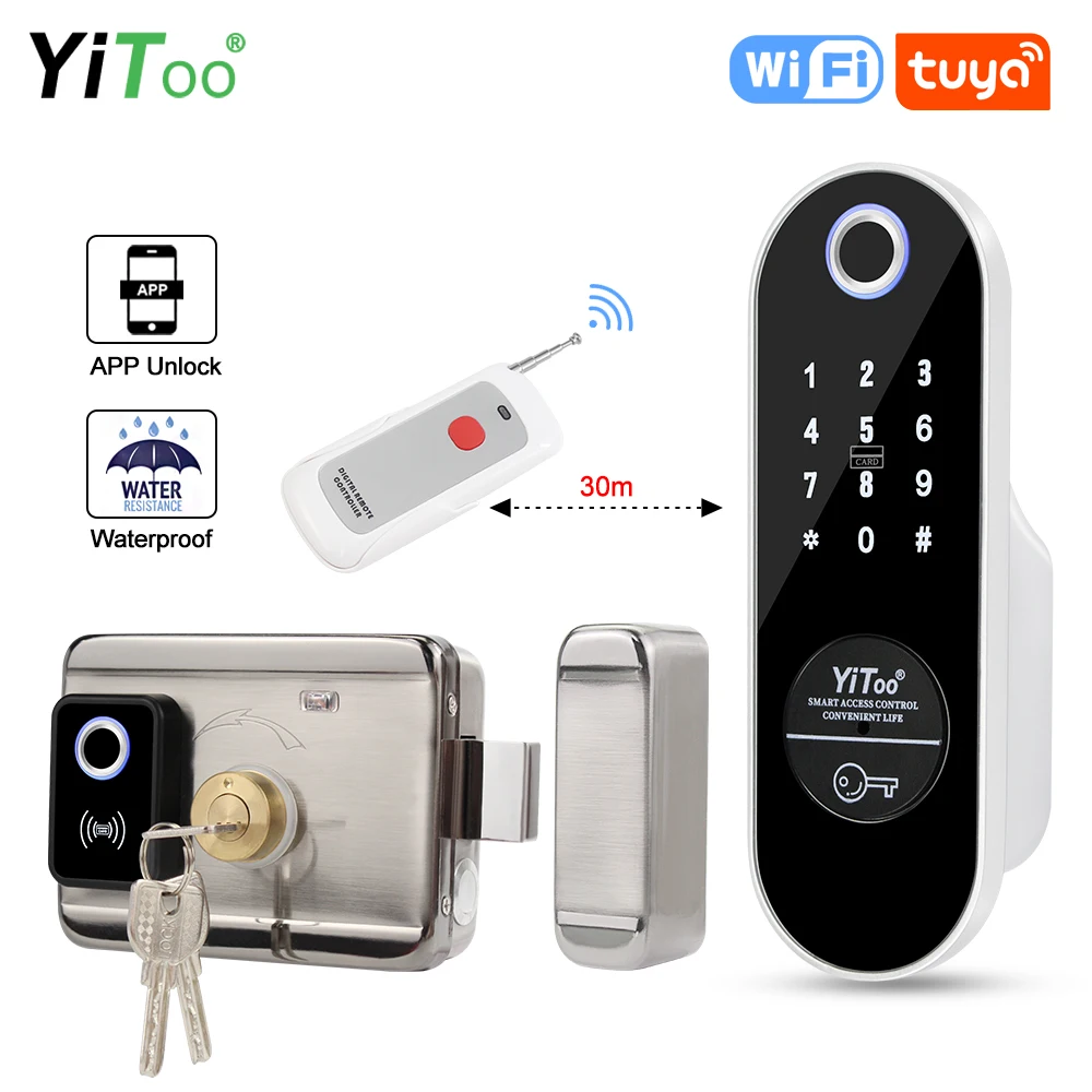 YiToo Waterproof Fingerprint Door Lock WiFi Smart Electric Lock Tuya App Remotely RFID Card Suitable For Wooden Door Metal Door