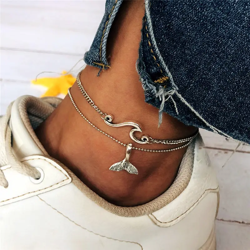 Bohemian Ocean Wave Whale Tail Anklet Bracelets Women Beach Silver Color Ankle Chain Foot Bracelet Summer Jewelry