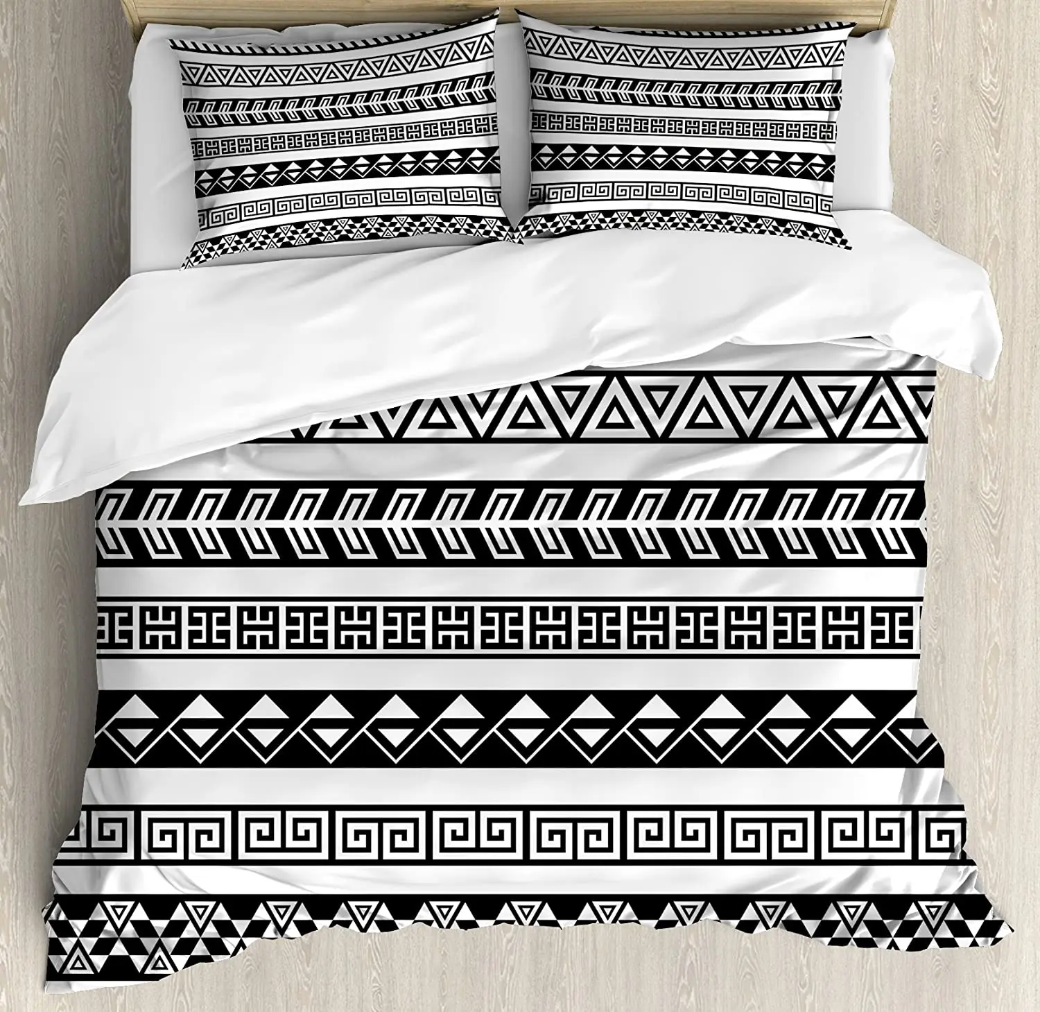 Boho Duvet Cover Set Borders Geometric Folkloric 3 Piece Bedding Set Black and White