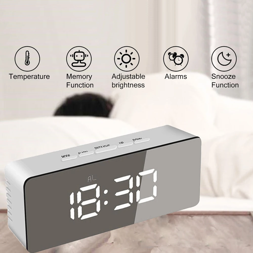 Table Clock Alarm Clock Snooze LED Digital Mirror Clock Time Temperature Large Electronic Display Rectangle Digital Desk Clock