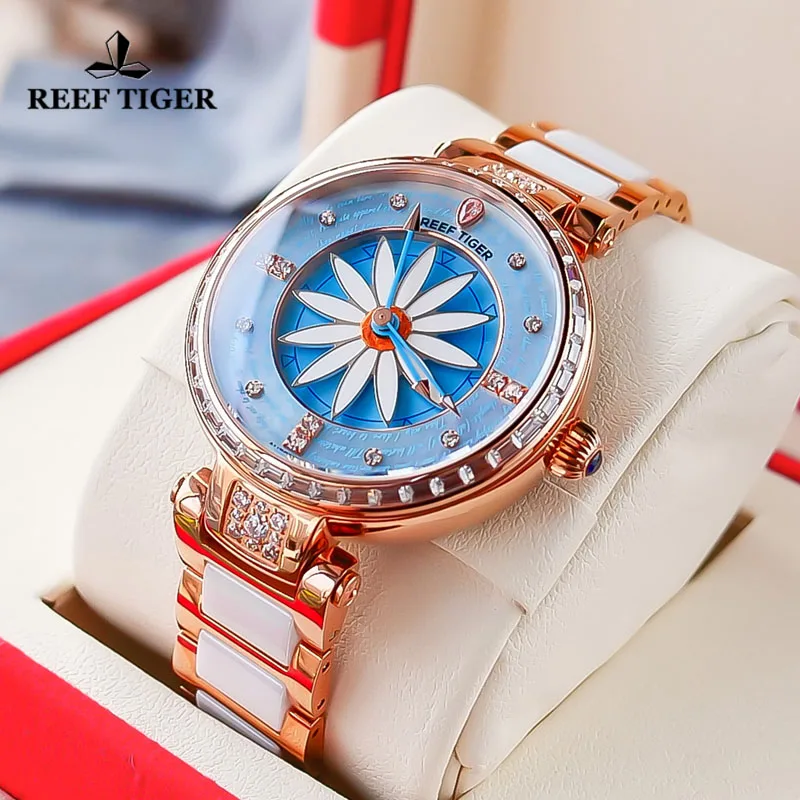 Reef Tiger/RT Fashion Lily Women Watch Rose Gold Diamonds Bezel Waterproof Watches Ceramic Strap Automatic Mechanical Watch