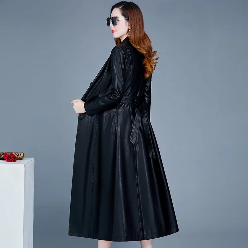 Spring coat ladies Pu leather coat lengthened autumn fashion locomotive leather windbreaker over knee women black red green