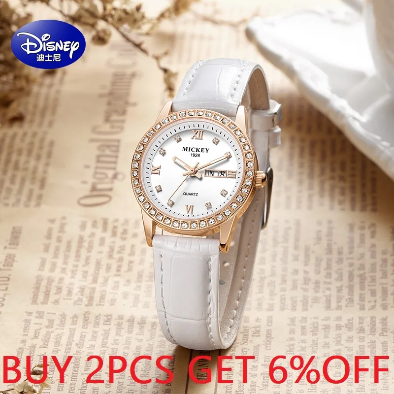 Disney Official Women Micky Mouse Fashion Casual Quartz Wristwatches Bling Rhinstone Date Week Business Girls Gift Clock Relogio