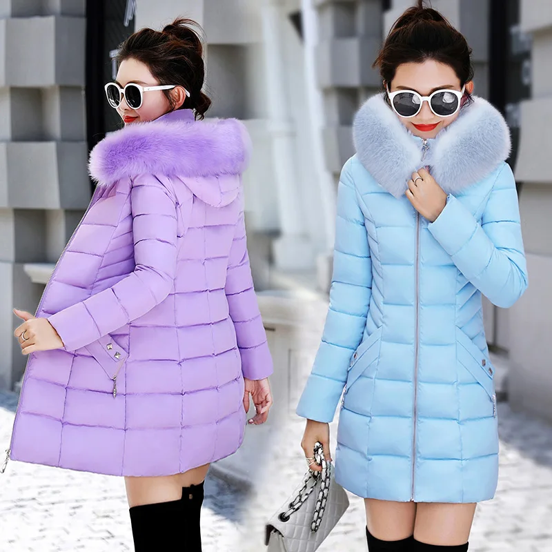 

New Cotton Coat Parka Women's Winter Jacket Mid-Length Large Fur Collar Thick Down Cotton Quilted Slim Keep Warm Winter Overcoat