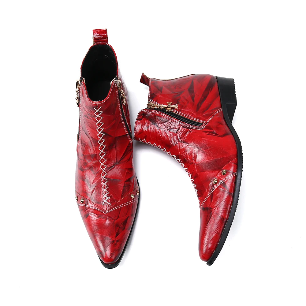 Autumn Red high-Top Trendy Party Dress Shoes Men Ankle Boots British Men\'s Pointed Toe Genuine Leather Short Boots Western Boots