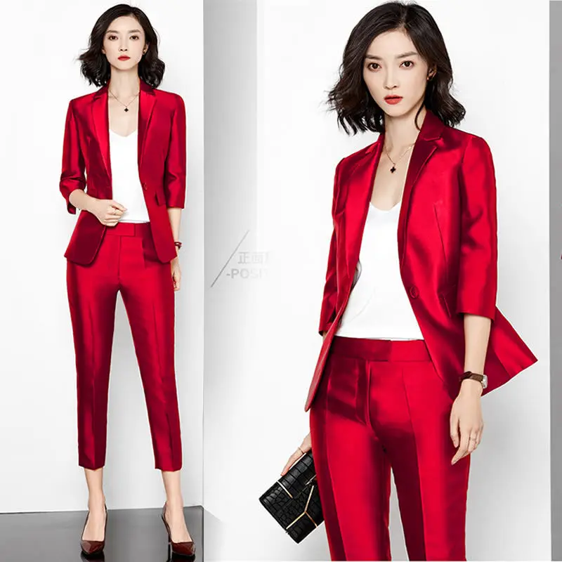 Affari Giacche Abiti Delle Donne di Stile Elegante Intaglio Rosso Rosa Giacche E Pantaloni Slim Twin-Set OL Nero Vestiti Set NS75