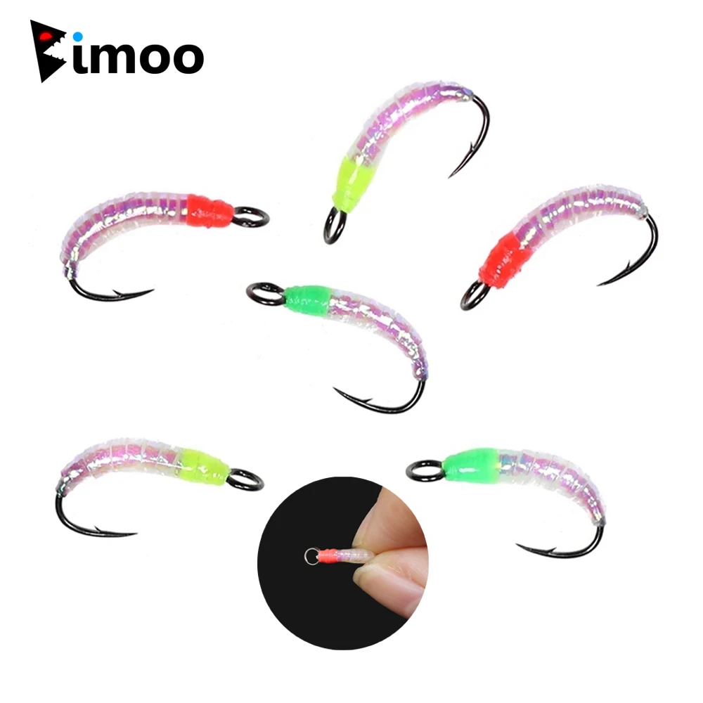 Bimoo 6PCS Size #8~ #18 Flash Gliss Body Nymph Fly Larvae Trout Fishing Flies Bait Lure with Big Eye Hook Artificial Bait Green