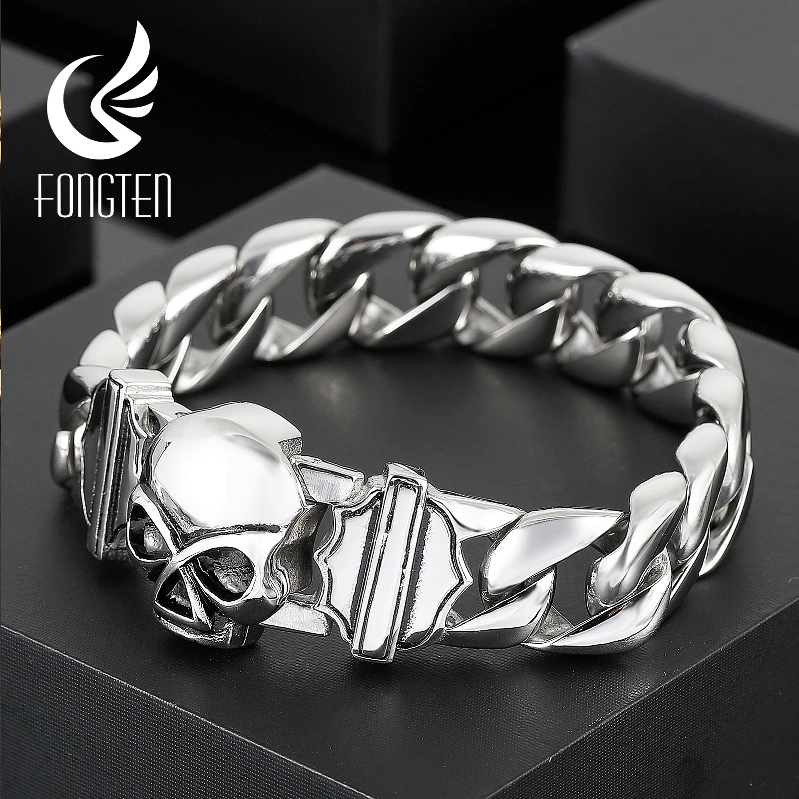 

Fongten 22cm Skull Cuban Chain Bracelets For Men Stainless Steel Skeleton Curb Men Bangle Bracelet Gothic Silver Color Jewelry